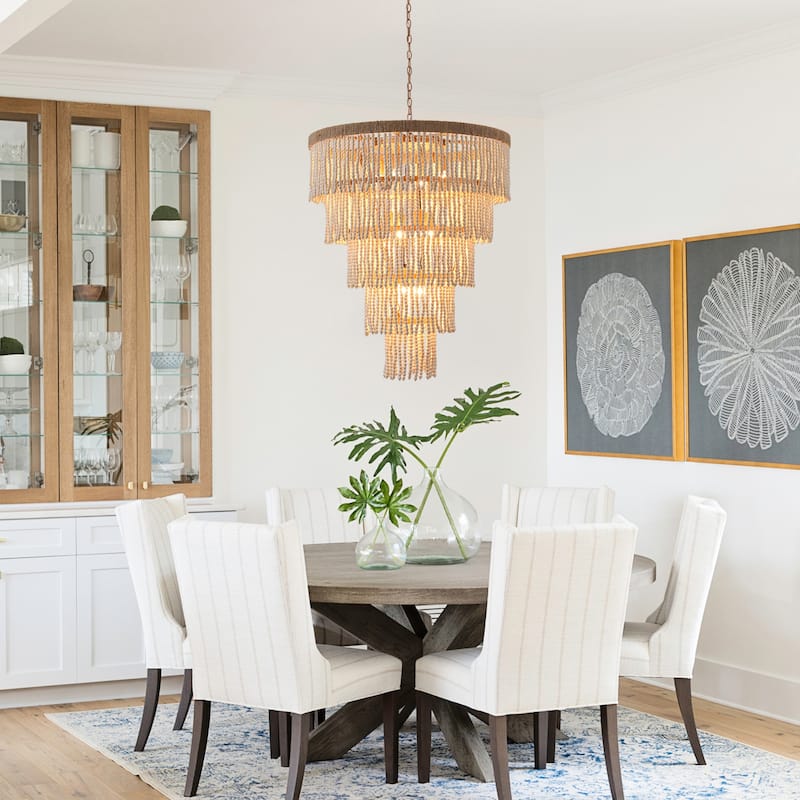 Bohemian Tiered Wood Beads Shade 9-Light Coastal Chandelier Light