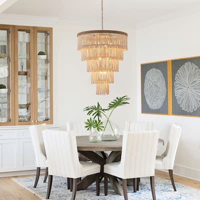 Bohemian Tiered Wood Beads Shade 9-Light Coastal Chandelier Light