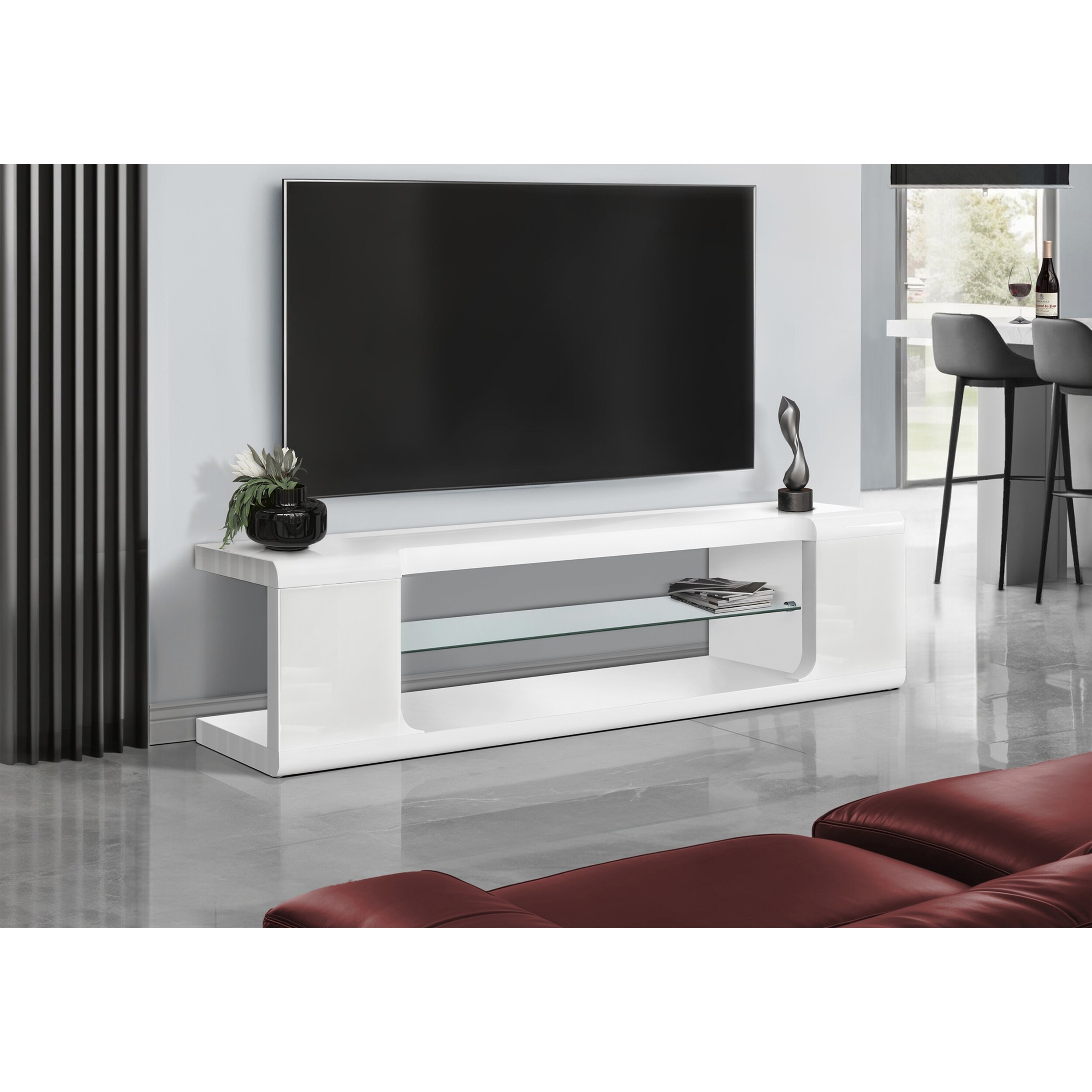 Modern Glossy White TV Stand with Clear Tempered Glass Shelves for Media Storage and Entertainment