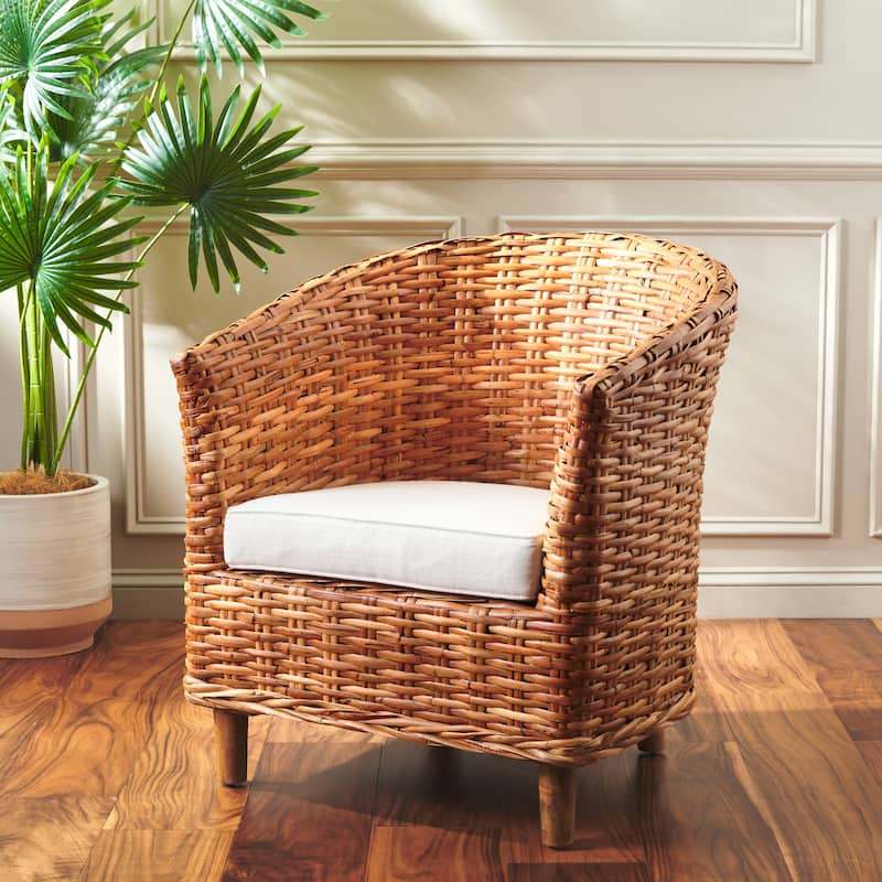 SAFAVIEH Charla Rattan Barrel Chair with Cushion - 29.1" x 27.2" x 32.7" - 29Wx27Dx33H - Honey