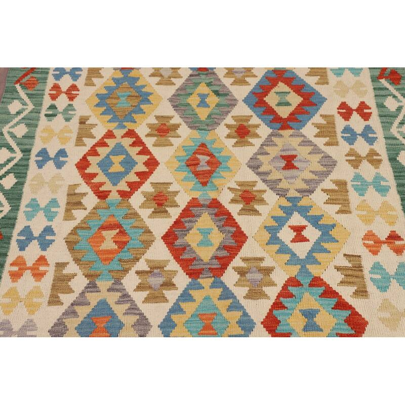 Kilim Reversible Area Rug Hand-Woven Geometric Beige Wool Carpet - 4'10"x 6'5"