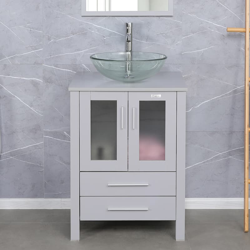 Eclife 24" Bathroom Vanity Gray Set Glass/ Ceramic Vessel Sink Cabinet Faucet Drain Combo Free Standing - clear round sink