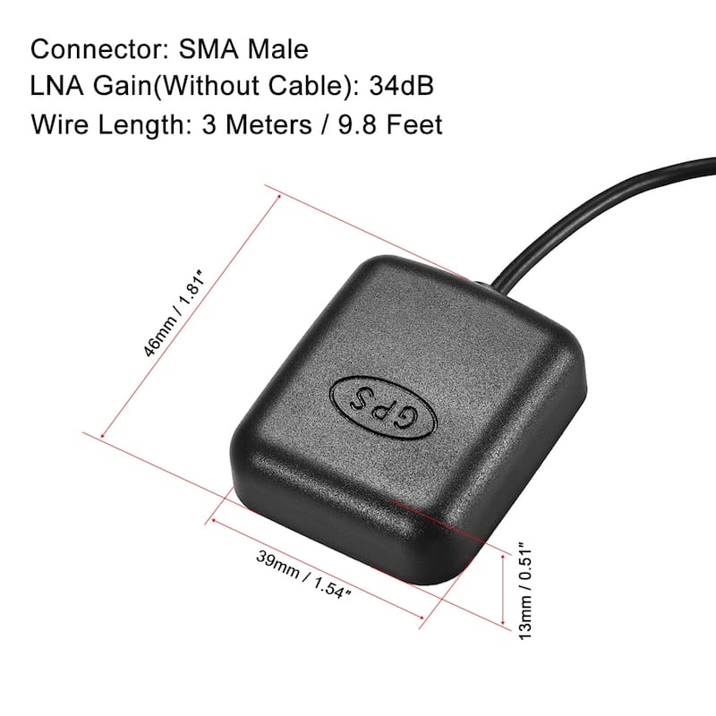 GPS Active Antenna SMA Male Plug 34dB Magnetic Mount 3 Meters Wire M - M 3.0M/9.8Ft - M 3.0M/9.8Ft