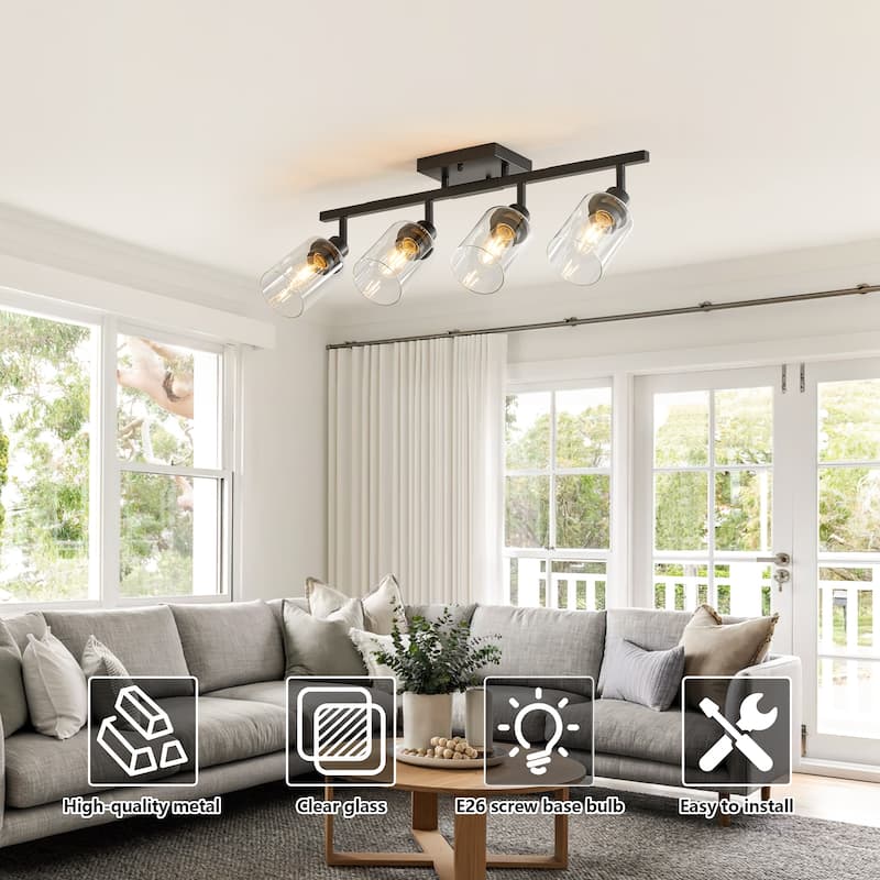 4-Lights Track Lighting Fixtures Ceiling with Clear Glass Shades, Modern Black Semi Flush Mount Ceiling Light(Bulb Not Included)