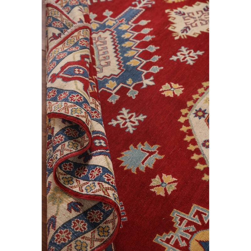 Red Geometric Kazak Oriental Area Rug Handmade Wool Carpet - 9'0"x 11'11"