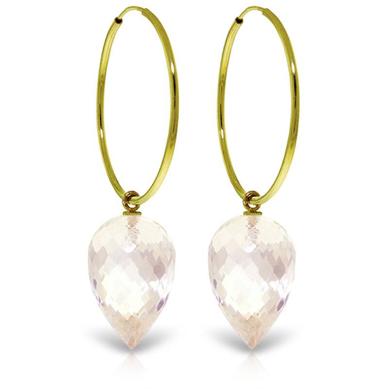 14K Solid Gold Hoop Earrings w/ Pointy Briolette Drop White Topaz - Yellow