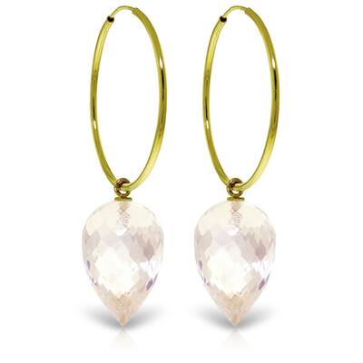 14K Solid Gold Hoop Earrings w/ Pointy Briolette Drop White Topaz
