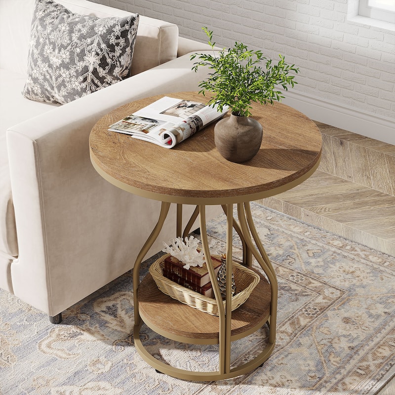 Round End Table, 2-Tier Side Tables, Modern Bedside Table, Small Chirside Tables for Couch Side