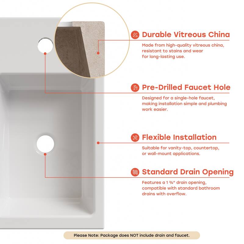 HOROW Left Hand White Ceramic Wall-Mounted Rectangle Vessel Sink Porcelain - N/A