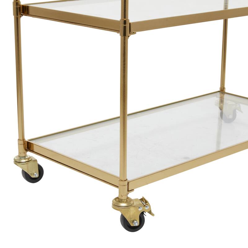 Brass Metal Rolling 3 Glass Shelves Bar Cart with Lockable Wheels