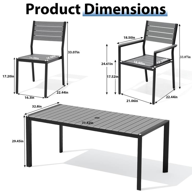 7-Piece Outdoor Patio Dining Set Wood Like Table Top Aluminum Rectangular Umbrella Hole Table with Rattan Chairs