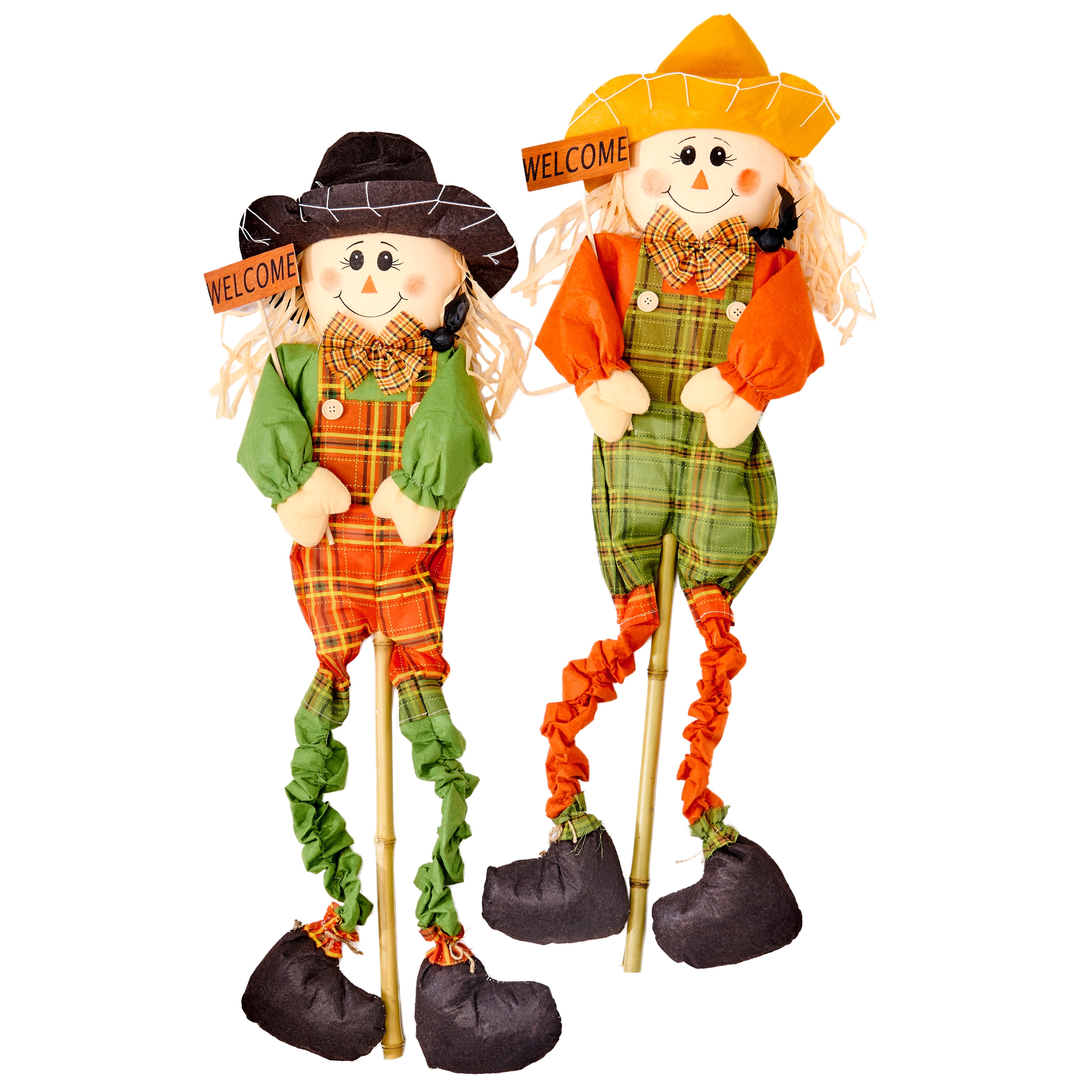 48" Fall Harvest Squiggly Leg Scarecrow With Welcome Sign On Stake for Lawn or Garden, Set of 2