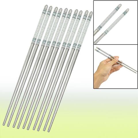 Gray White Flower Pattern Silver Tone Stainless Steel Chopsticks 5 Pairs - Silver Tone, Gray, White