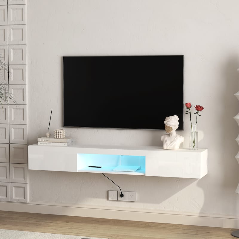 63" Floating TV Stand with Storage, LED Lights & Power Outlet for TVs Up to 60"
