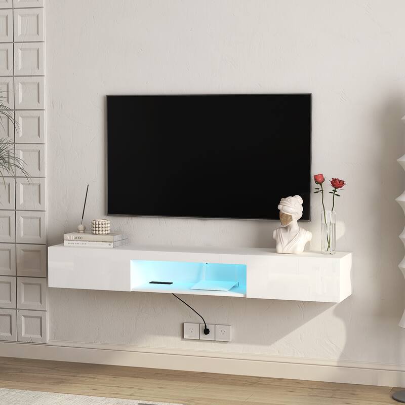 Roomfitters 63" Floating TV Stand Wall Mounted with 16 Color LEDs, Modern Entertainment Center Media Console Cabinet