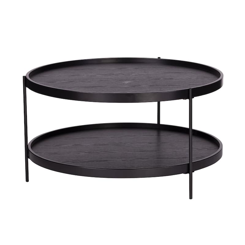 Modern Round Wood Coffee Table with Metal Base and 2-Tier Storage Shelf Perfect for Living Room - 33.75”L x 33.75”W x 18”H - Black