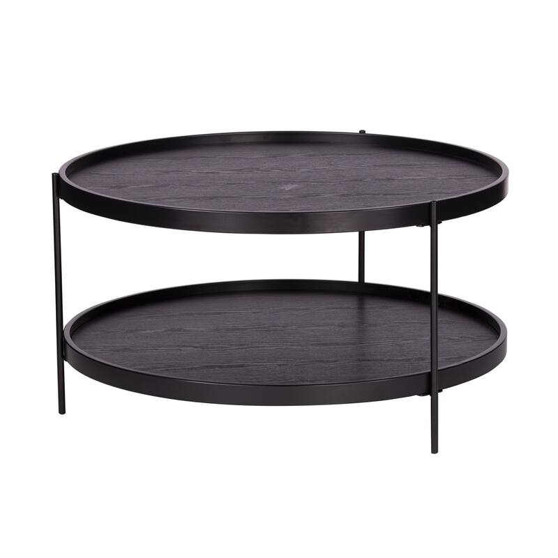 Modern Round Wood Coffee Table with Metal Base and 2-Tier Storage Shelf Perfect for Living Room - 33.75”L x 33.75”W x 18”H