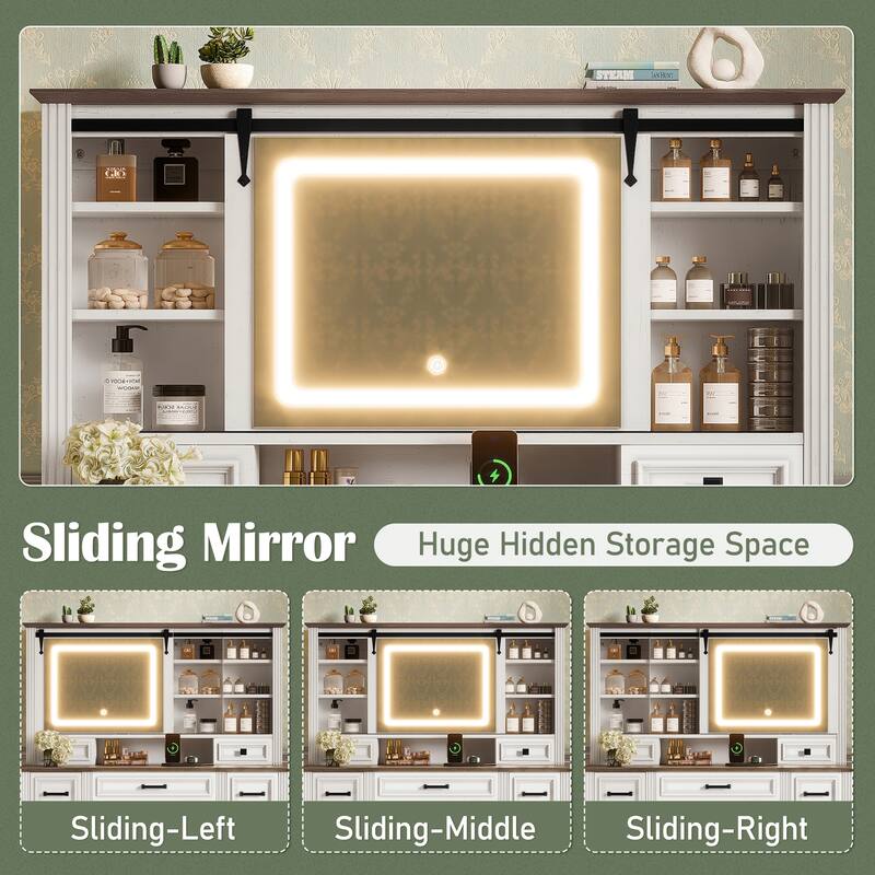 47.2" Farmhouse Makeup Vanity Desk with Sliding Mirror & LED Lights, 9-Drawer Dressing Table with Stool