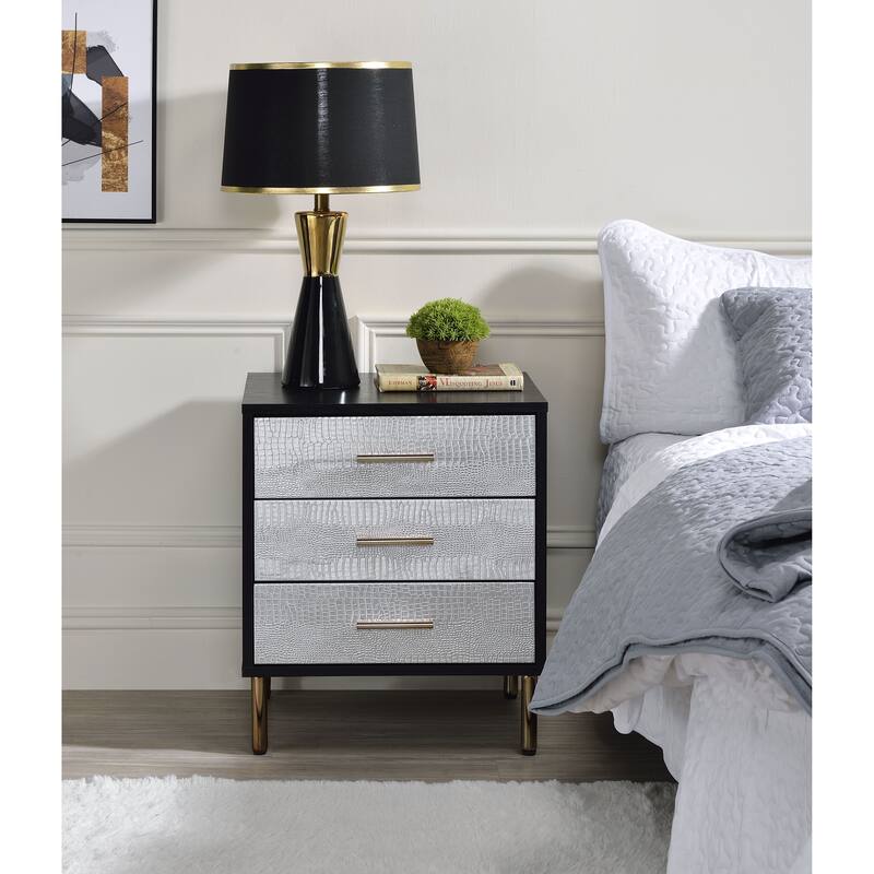 Black, Silver & Gold Finish Nightstand with Three Drawers and Metal Legs - Black,Gold,Silver