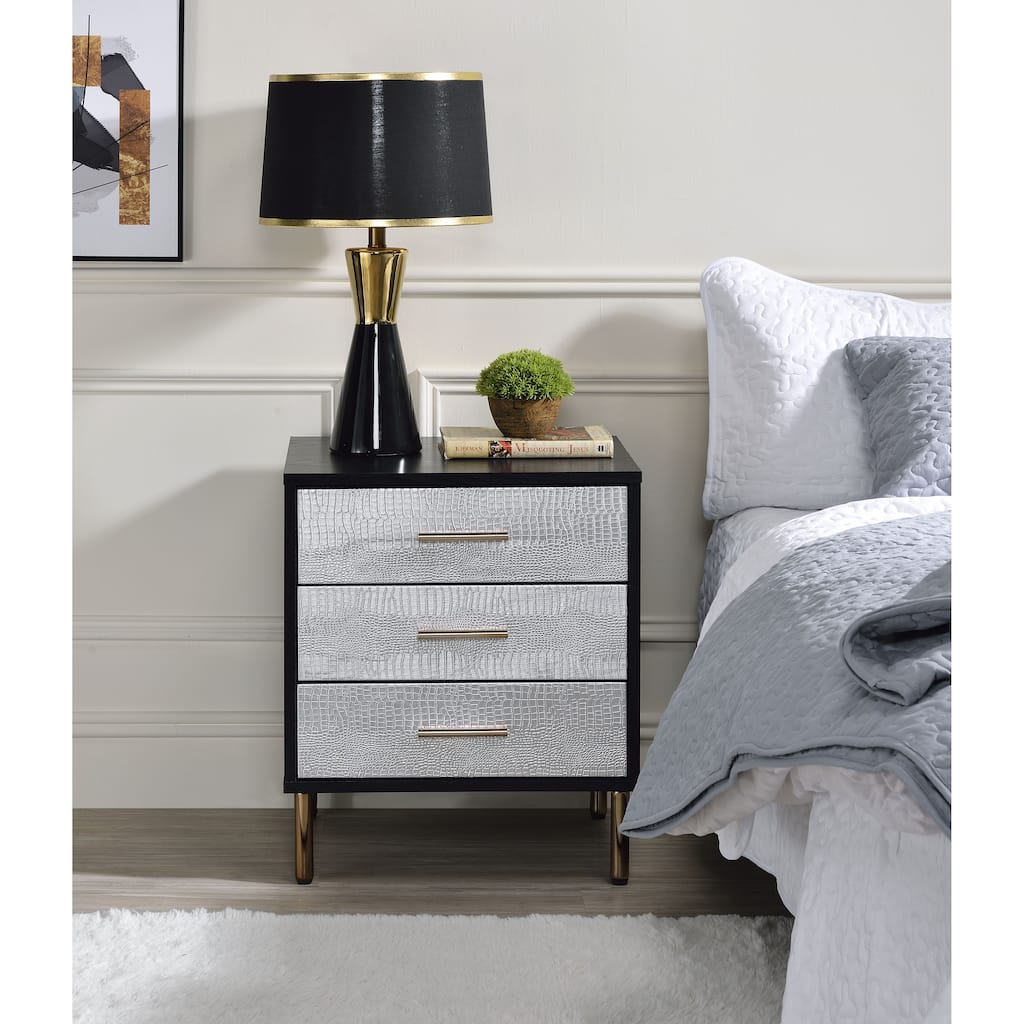 Black, Silver & Gold Finish Nightstand with Three Drawers and Metal Legs