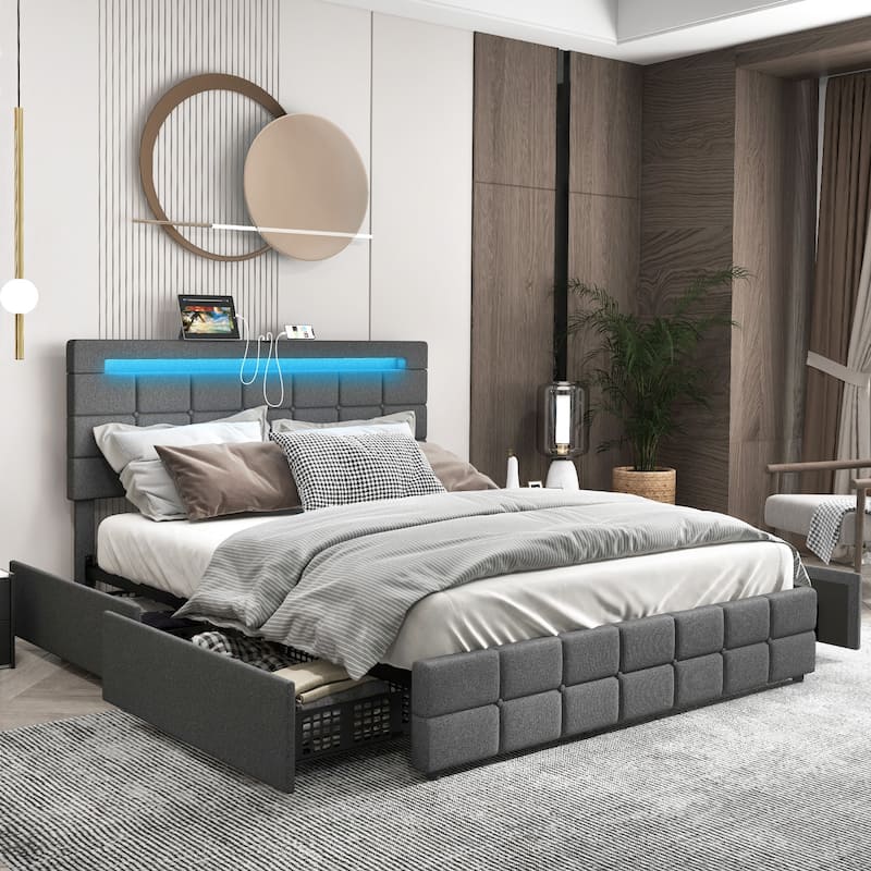 Upholstered Queen LED Bed Frame with Headboard and 4 Drawers-Queen Size - Full