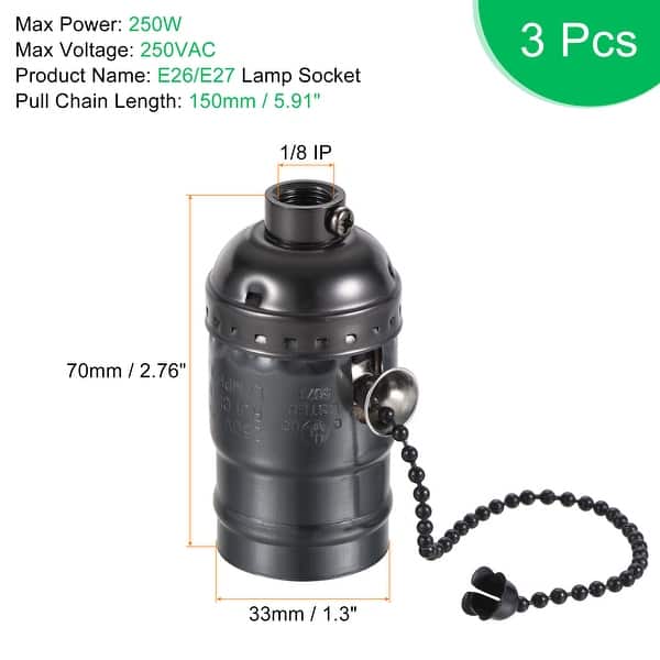 3pcs E26/E27 Lamp Socket 1/8IP Thread Screw Bulb Holder w Pull Switch ...