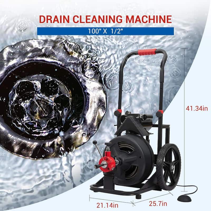 100 Ft x 1/2 Inch Heavy Duty Electric Drain Cleaner Machine for 2-4 Inch Pipes