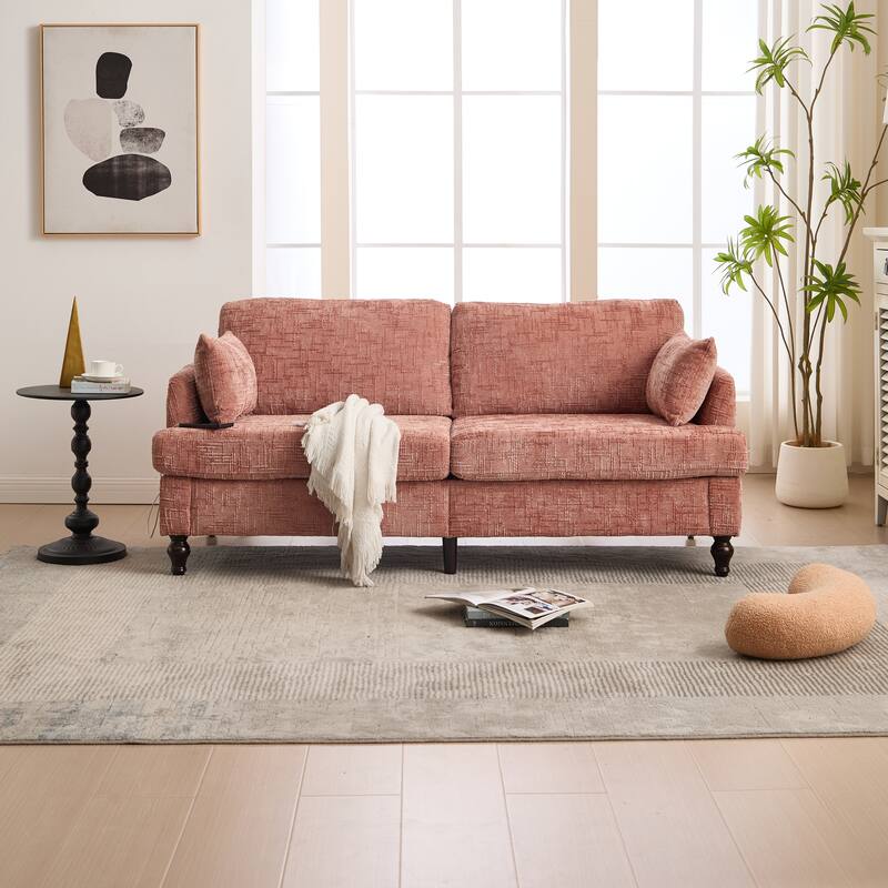 Modern Style Chenille 2-Seater Wood-Legged Sofa With Led Light, Usb Charging Port And Storage Bag Living Room Bedroom Study Room