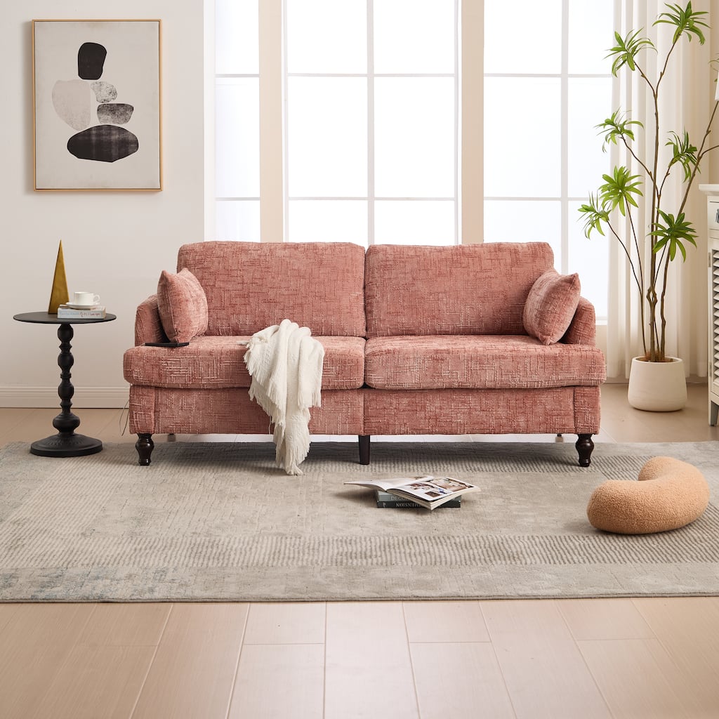 Multifunctional Sofa Couch Loveseat with Lights & Side Pocket, 2-Seater Sofa Couch with Charging Port, Pink