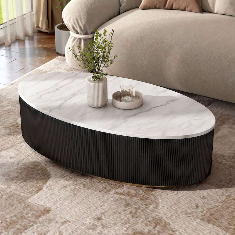 Furniture of America Torin Modern White and Black Genuine Marble Top Oval Coffee Table