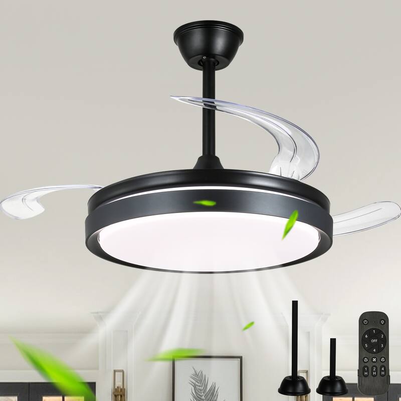 Cusp Barn 42 Inch Retractable Ceiling Fan with Lights, Modern Silent DC Motor 6 Speeds Chandelier Ceiling Fan for Bedroom - Black