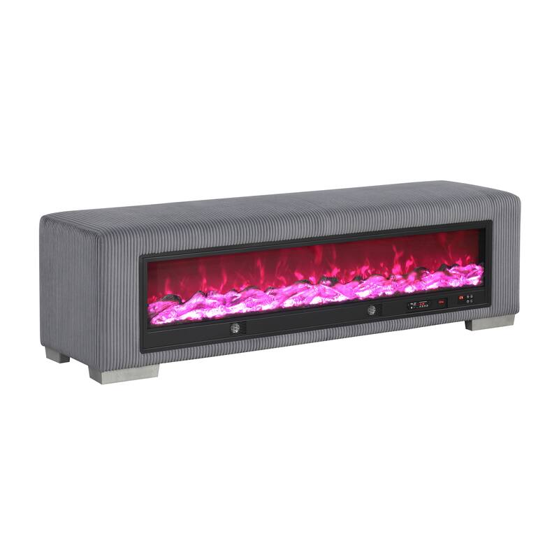 Furniture of America Goffney Chenille Bench with Fireplace Simulator and Bluetooth Audio