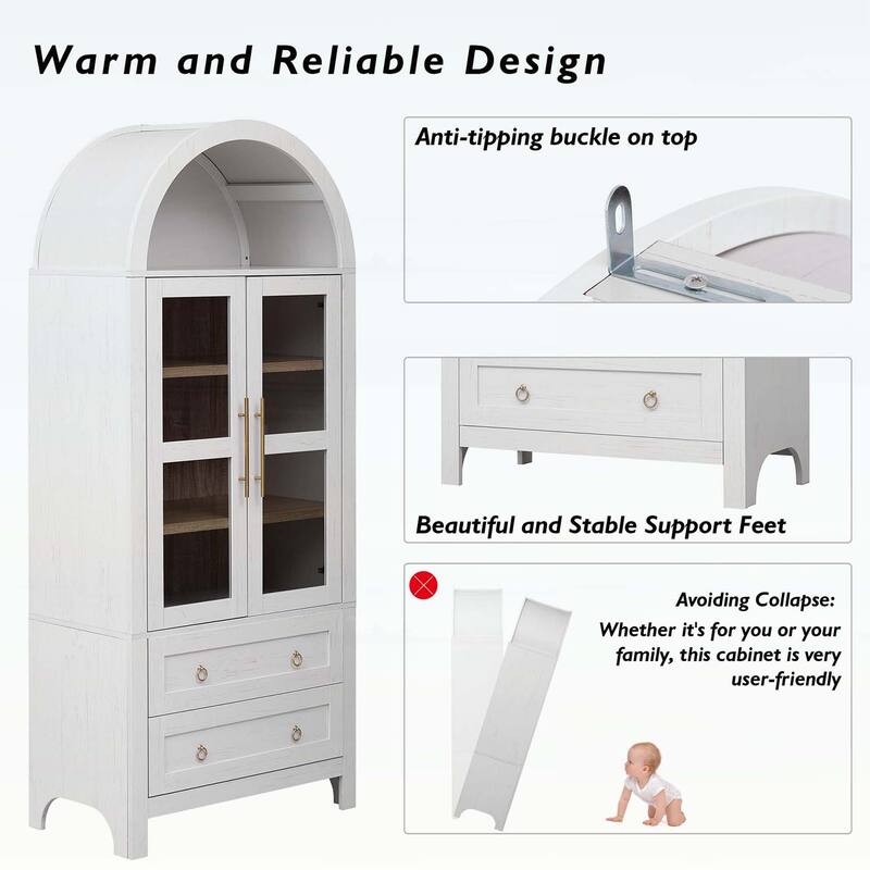Tall Arched Cabinet with 2 Large Drawers,Modern Farmhouse Design,for Kitchens and Dining Rooms,Living Room