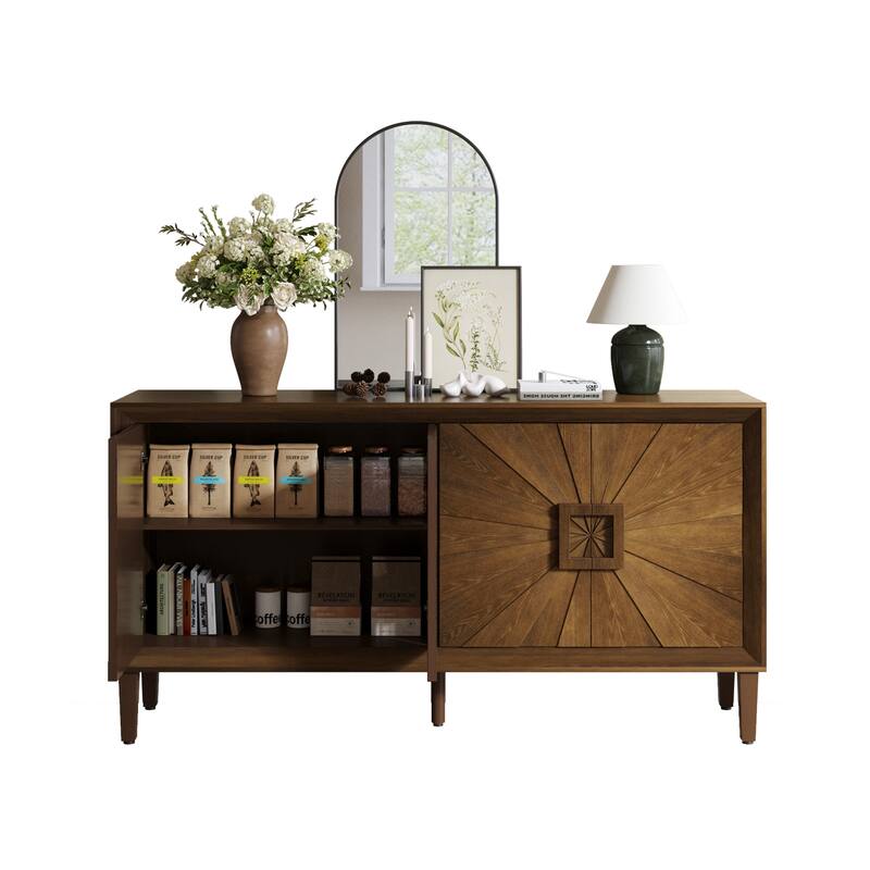Roomfitters 60" Premium Farmhouse Credenza, Symmetrical Sunburst Door Design TV Stand with Adjustable Shelves, Antique Brown
