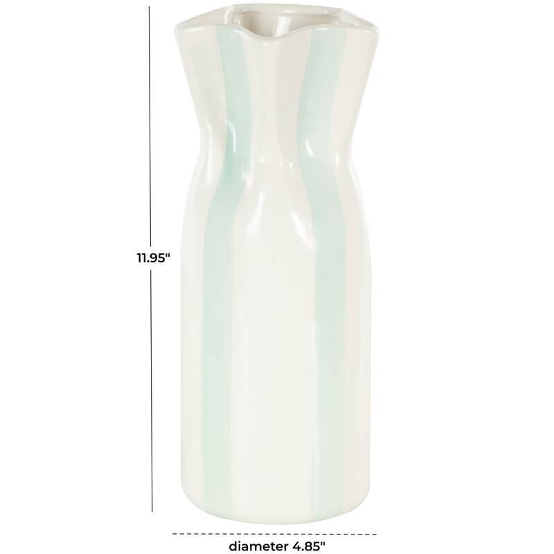 White Ceramic Round Decorative Vase with Light Teal or Red Vertical Stripes