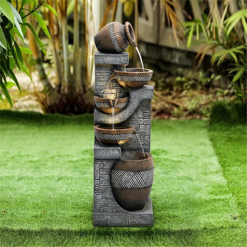 5-Tier Outdoor Faux Stone Water Fountain with LED Lights