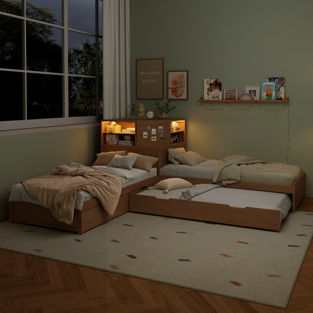 L-Shaped Combination Twin Bed with Trundle and Drawer