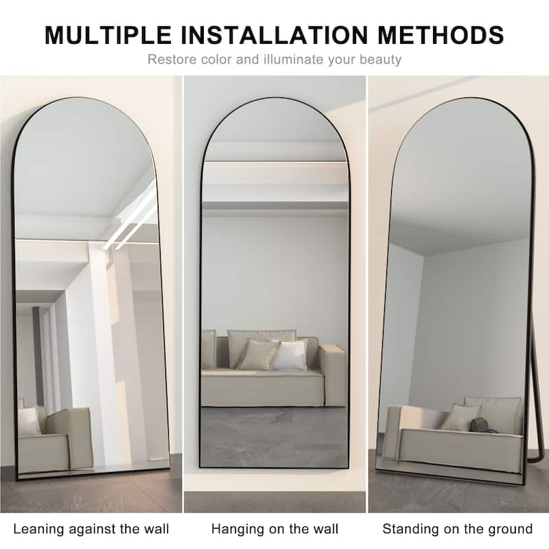 Modern Arched Full-Length Wood Floor Standing Mirror