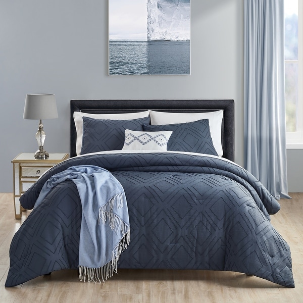 Beaute Navy Blue Comforter Set 5 Piece Soft Microfiber Clipped Jacquard Bedspread Bedding Set King Queen Bed Bath Beyond 32566756