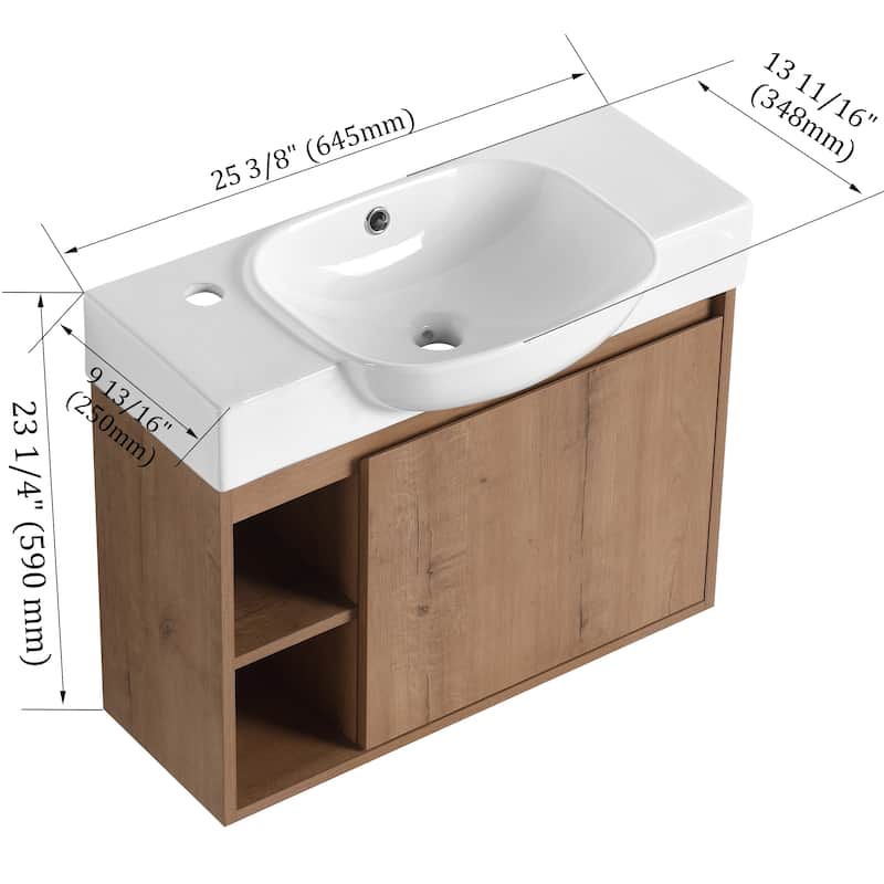 26'' Wall-Mounted Bathroom Vanity with White Ceramic Sink & Soft-Close Door