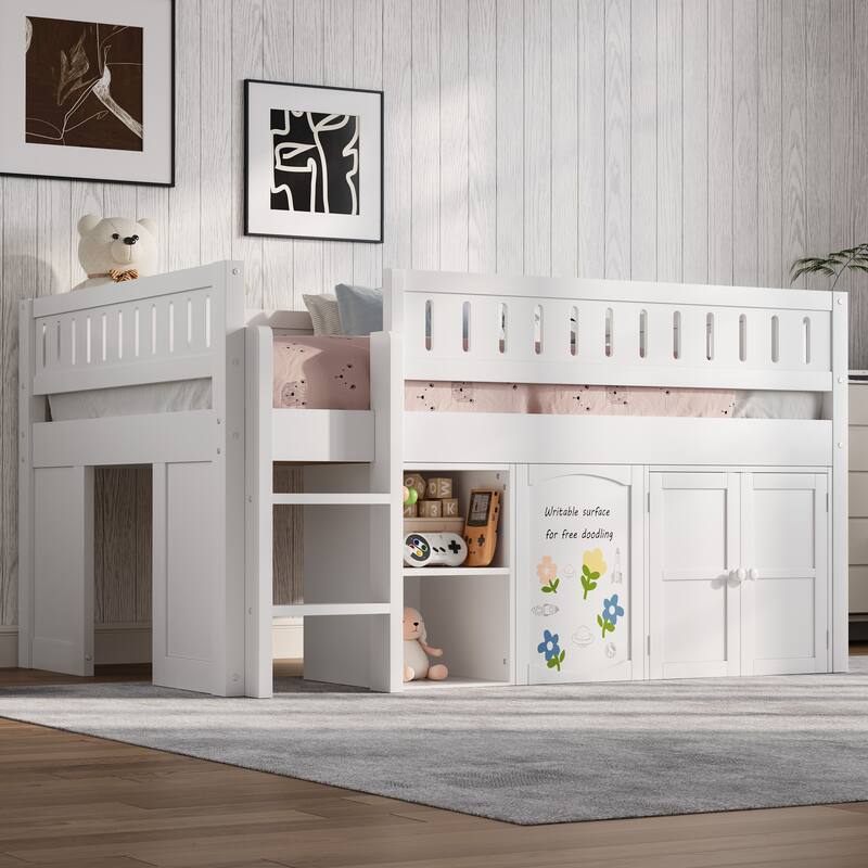 Wooden Full Size Loft Bed with Double-Door Storage Cabinet, Open Shelves and Chalkboard Panel