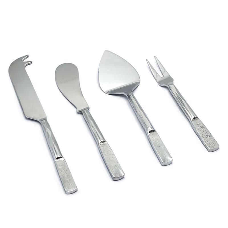 Elyon Carbery Reflective Silver 4 Piece Cheese Knife Set Indian Artisan-Made Set Hand-Forged Stainless Steel