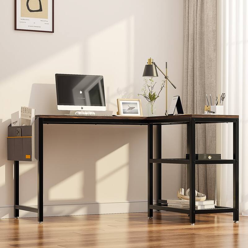 L Shaped Computer Desk with Reversible Side Storage Shelves, Small Corner Desk for Small Space Home Office,Writing Study Table