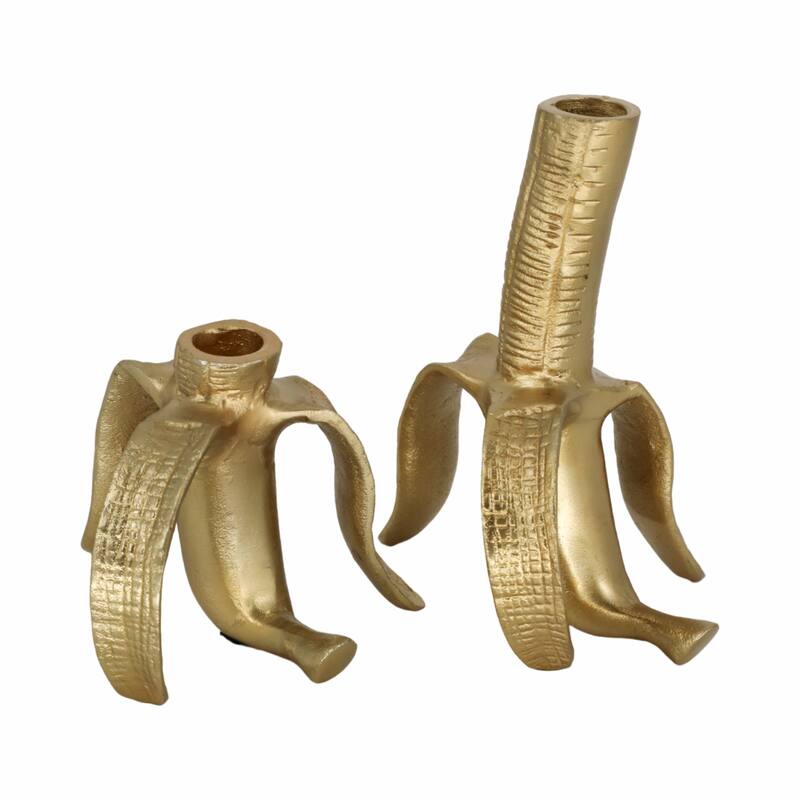 Sagebrook Home Gold Metal Banana Taper Candle Holders, Unique Aluminum and Suar Wood, Set of 2 - 6" x 5" x 7" - Gold - 6" x 5" x 7"