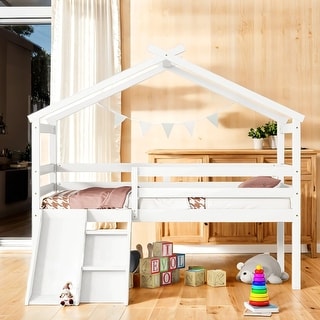 House Roof Frame Twin Low Loft House Bed with Slide, Ladder, Safety Guardrails,