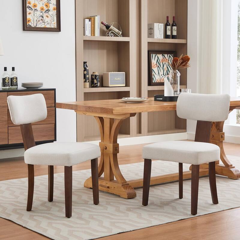 Set of 2 Modern Leather/Linen Dining Chairs - Curved Backrest w/Hardwood Frame - Beige-Fabric