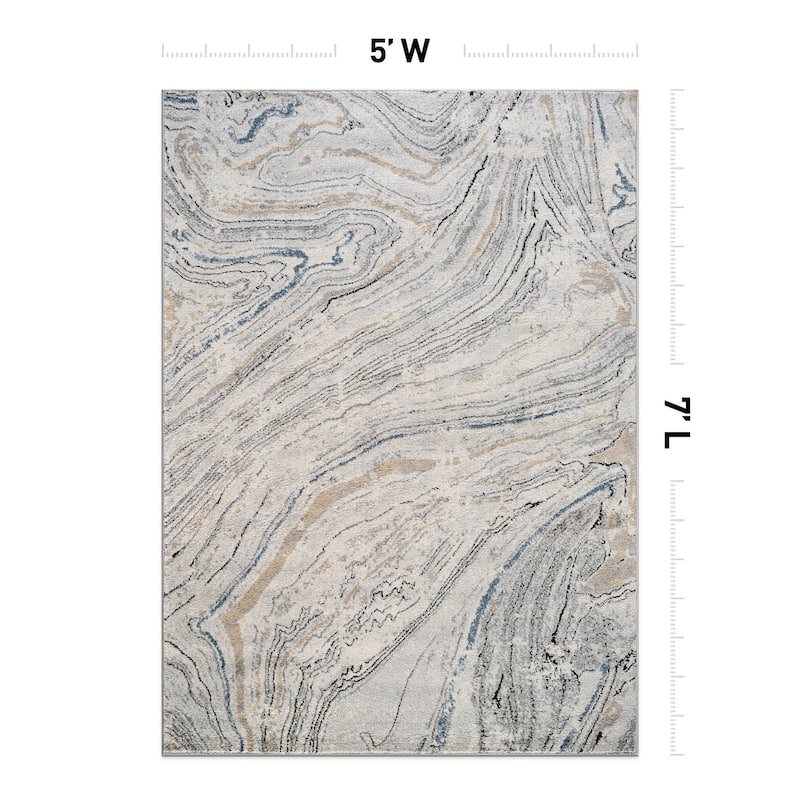 Marble Swirl Distressed Area Rug - Low-Pile Rug for Living Room, Bedroom - Polypropylene/Polyester with Jute Backing