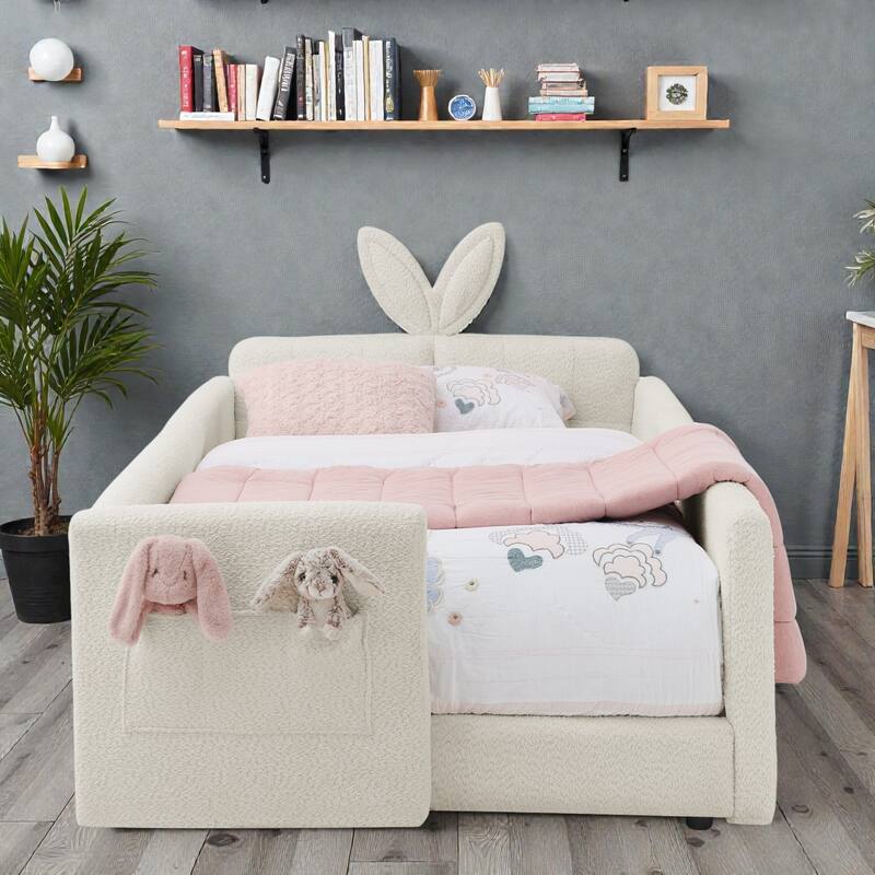 Twin Size Upholstered Platform Bed with Rabbit Ear Headboard, Kids Boucle Fabric Bed Frame with Safety Rail and Pocket