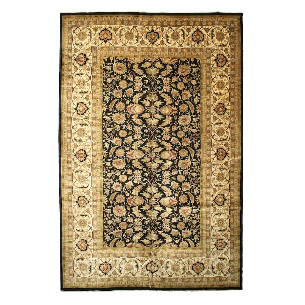 Black Hand Knotted New Zealand Wool Traditional Sarouk Rug, 12' x 18'5, Intricate Oriental Pattern in Ivory, Gold & Dusty Rose