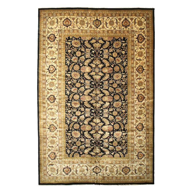 Black Hand Knotted New Zealand Wool Traditional Sarouk Rug, 12' x 18'5, Intricate Oriental Pattern in Ivory, Gold & Dusty Rose